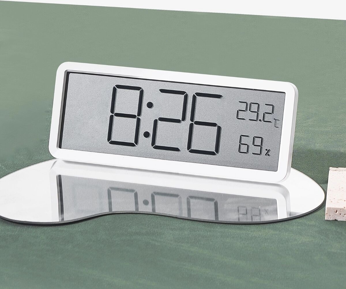 INF Réveil numérique blanc en bois massif avec grand écran LCD, calendrier, veilleuse et affichage température-humidité