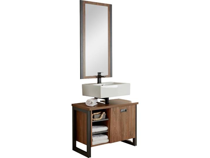 Badmöbel-Set HOME AFFAIRE Detroit, Bad im Industrialdesign, 2-teiliges Badezimmer , gelb (eiche honigfarben dekor, schiefer, nachbildung), Kastenmöbel-Sets, Badmöbel-Set, Waschbeckenunterschrank und Spiegel, holzfarben, mit offenen Fächern
