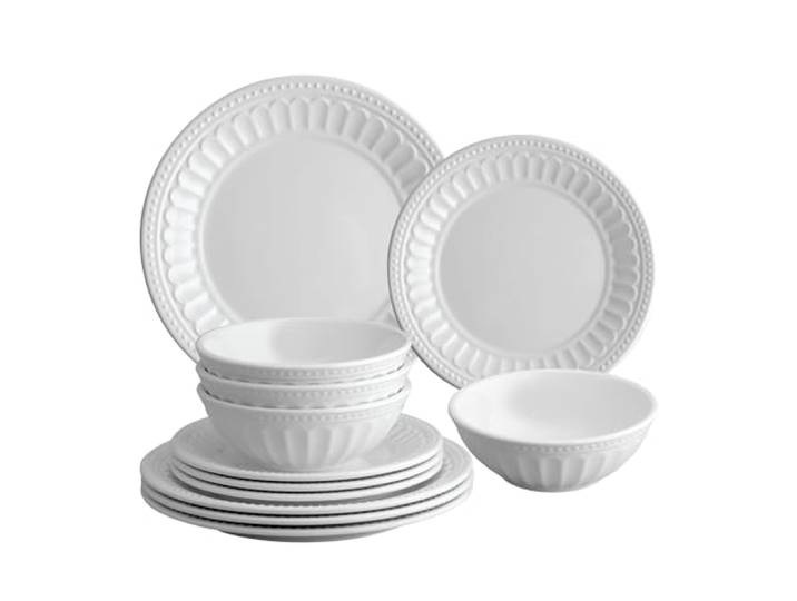 UP ware 12-teiliges Chateau Melamin-Geschirrset, Outdoor-Geschirr-Set, Teller und Schüsseln, Service für 4 Personen, Weiß