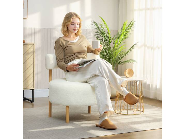 HOMCOM Fauteuil Lounge Relax Sherpa Blanc Pieds Métal Bois