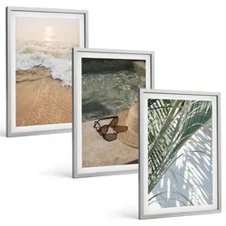 BILDER SET 3er Set - 40x60 cm Silberner Rahmen - Strandhut und Sonnenbrille