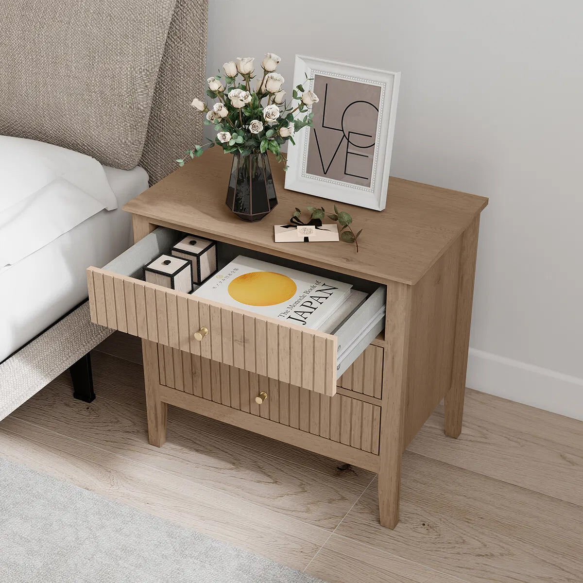 Pair Of Large 3 Drawer Bedside Tables - Hales Pale Wood Range Manufactured Wood, Metal