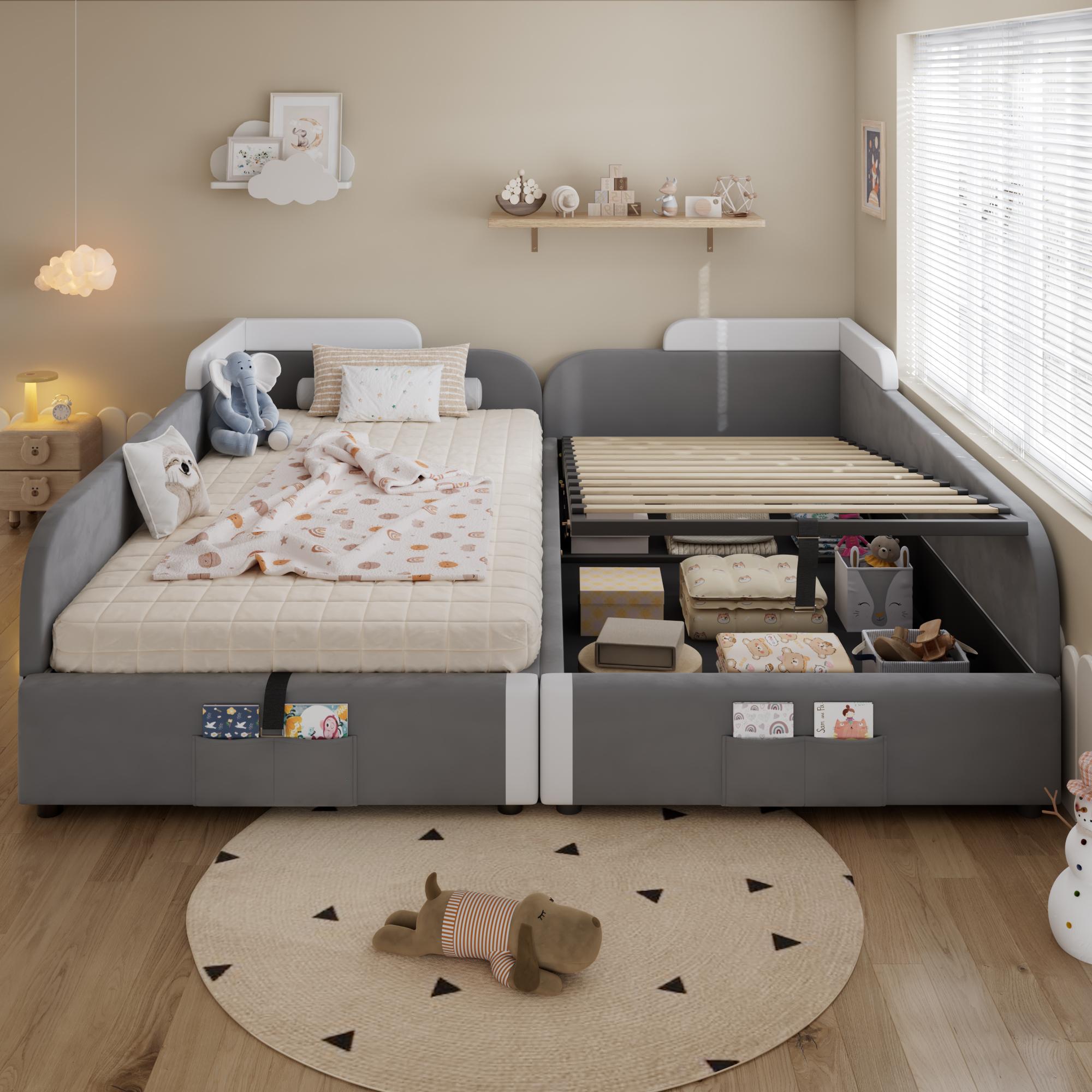 okwish zwei Kinderbett 90x200cm*2 mit einer Matratze Kombiniertes Polsterbett mit Bettkasten,Bett mit Linke oder Rechte Seitenplatte,Aufbewahrungstasche am Fußende,Grau