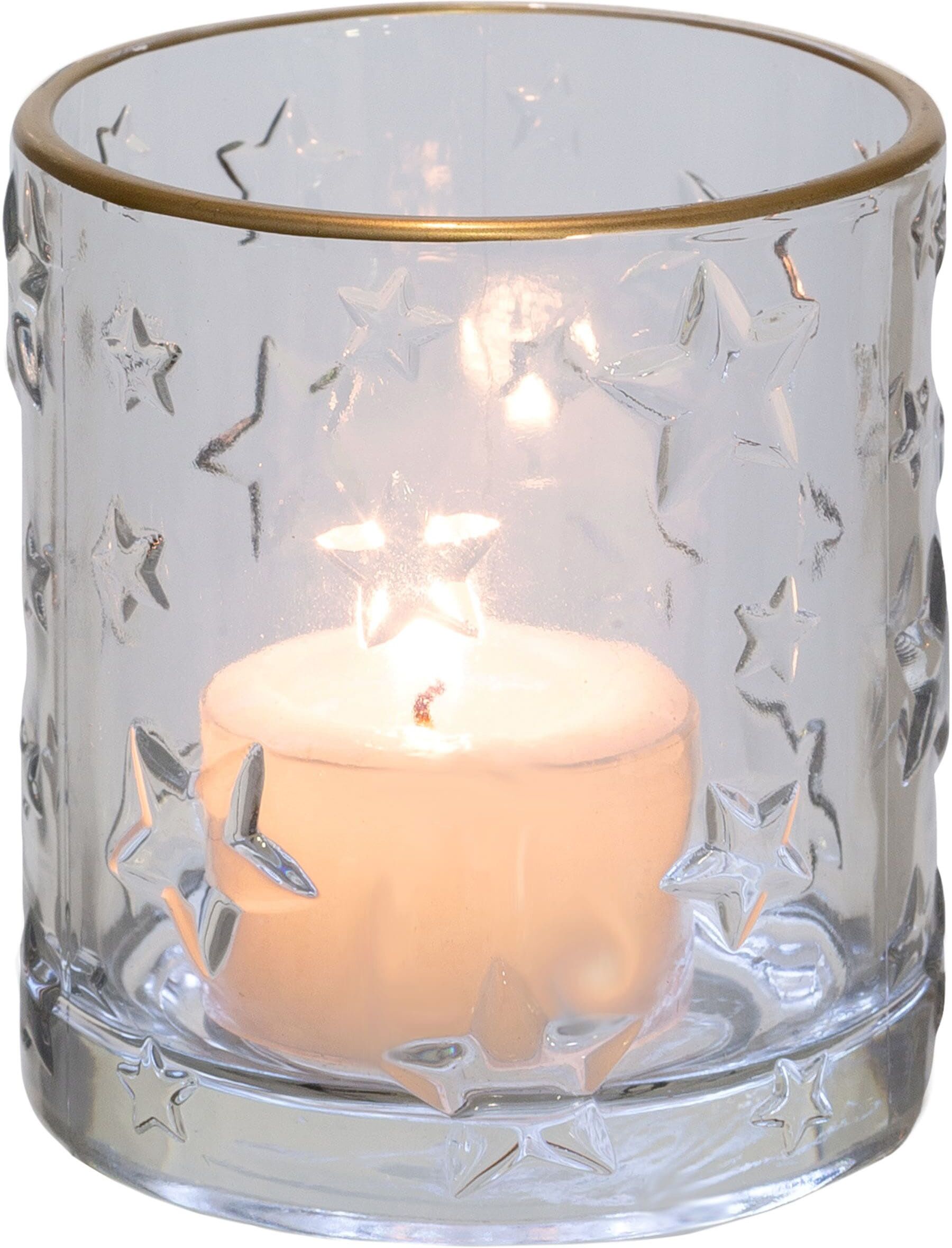 Windlicht CREATIV DECO "Weihnachtsdeko", transparent, H:8cm Ø:7cm, Glas, Kerzenhalter, Windlicht, klares Glas mit Stern-Struktur transparent B/H/T: 8cm
