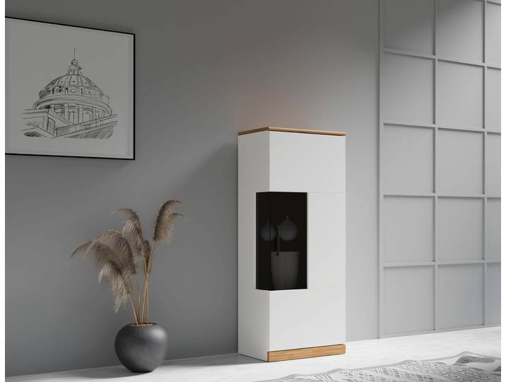 Vitrine GOODPRODUCT RIBE75, 1Glasboden variabel, dunkles gehärtetes Glas, Trendfarbe , weiss (weiß, eiche), B:50cm H:125cm T:35cm, Schränke, Vitrine, Oberplatte Eiche massiv,dunkles Glas, schwarze Metall Griffe