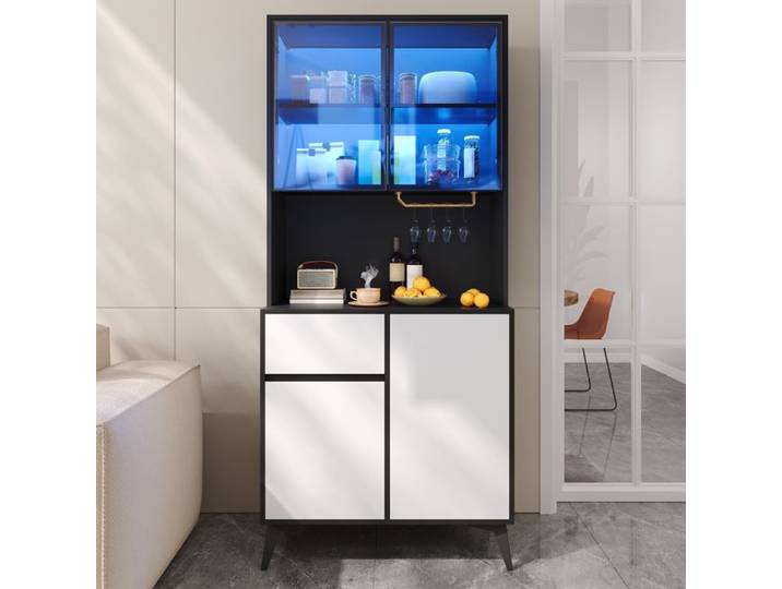 Buffet haut - URBANLUXE - Buffet 4 portes et tiroir - Noir/Blanc - Éclairage LED réglable - 80x40x180 cm