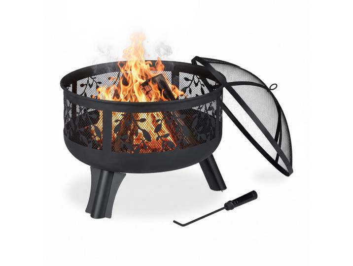 Relaxdays Feuerschale Schwarz Funkenschutz 60x60 cm, Metall, 60x60x60 cm, Gartenmöbel, Balkonmöbel