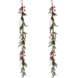 CREATIV green künstliche Pflanze Tannenmixgirlande mit Naturzapfen und Beeren, 136cm, rot, 2er Set