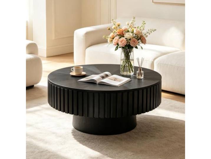 RYDZCLH Runder Couchtisch Mit Stauraum,80Cm, Runder Couchtisch Mit Rillenstruktur,Wohnzimmertisch Im Mid-Century-Modern-Stil Für Wohnzimmer & Apartments (Black 80cm)