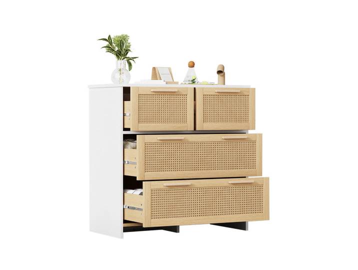 Modenvie Kommode 80/38/80 cm aus MDF mit 4 Schubladen und Rattanfronten Natur/Weiß, 80x38x80 cm, Kleinmöbel, Kommoden, Kommoden