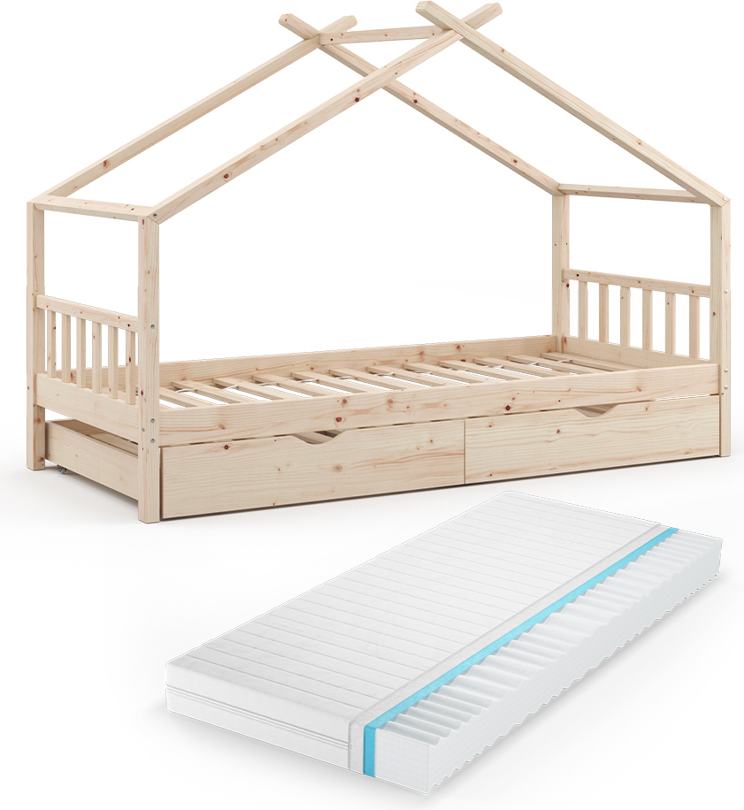 Hausbett Vitalispa Design Naturholz 90x200 cm mit Gästebett und Matratze, Model 36236