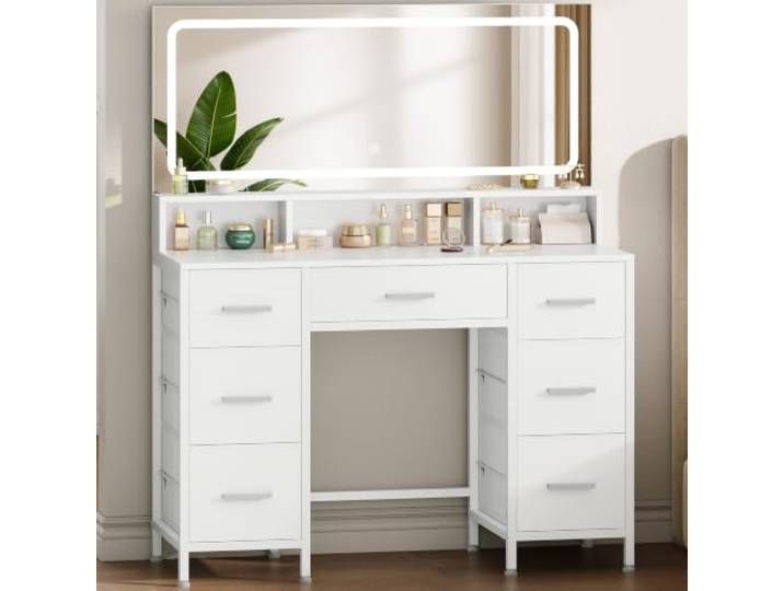 Hzuaneri Schminktisch mit Groß Spiegel, Schminktisch mit Stauraum, Weiß Schminktisch mit LED-beleuchtung, 3-farbig Verstellbar, 7 Stoffschubladen und 3 Offenen Ablagefächern Schlafzimmer DT45103XEU