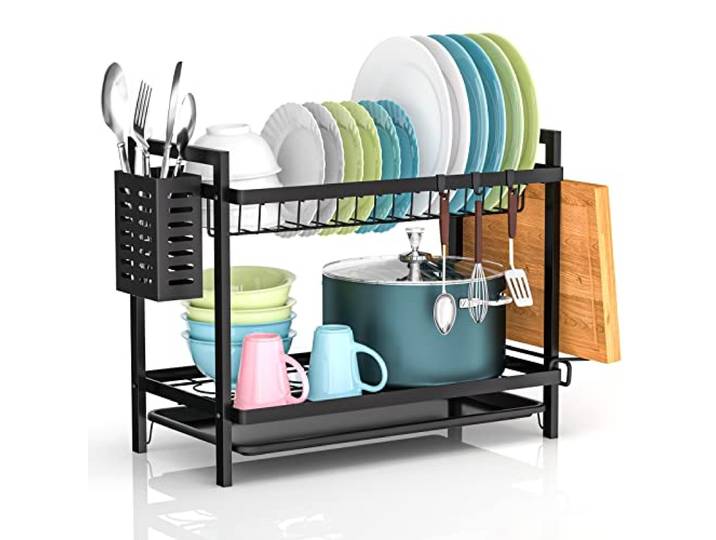 Afdruiprek van roestvrij staal, voor de keuken, multifunctioneel, afneembaar, 2 niveaus, afdruiprek voor spoelbak met lekbakken, bestekhouder