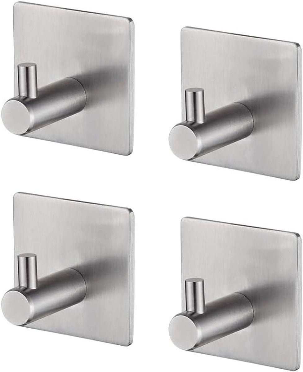 Set van 4 zilverkleurige wandhaken van roestvrij staal met 3M-lijm MK34251A