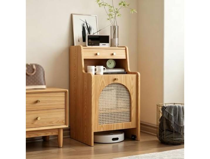 sunbiaouk Aufbewahrungsschrank für Saugroboter, Regal für Saugroboter Freistehendes, modernes Aufbewahrungsmöbel mit Türen und Schublade für das Wohnzimmer(Yellow,50 x 55 x 90 cm)