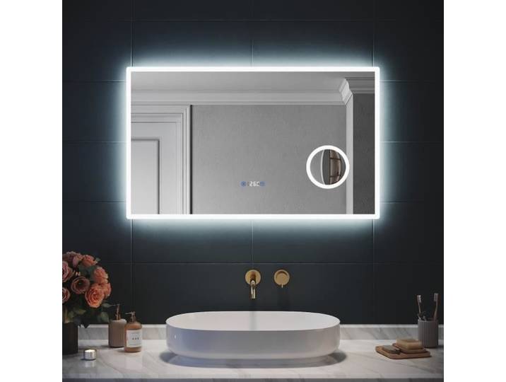 SIRHONA 3x loupe Miroir LED Salle de Bain Éclairage avec Horloge Numérique Fonction Anti-Buée 100x60cm