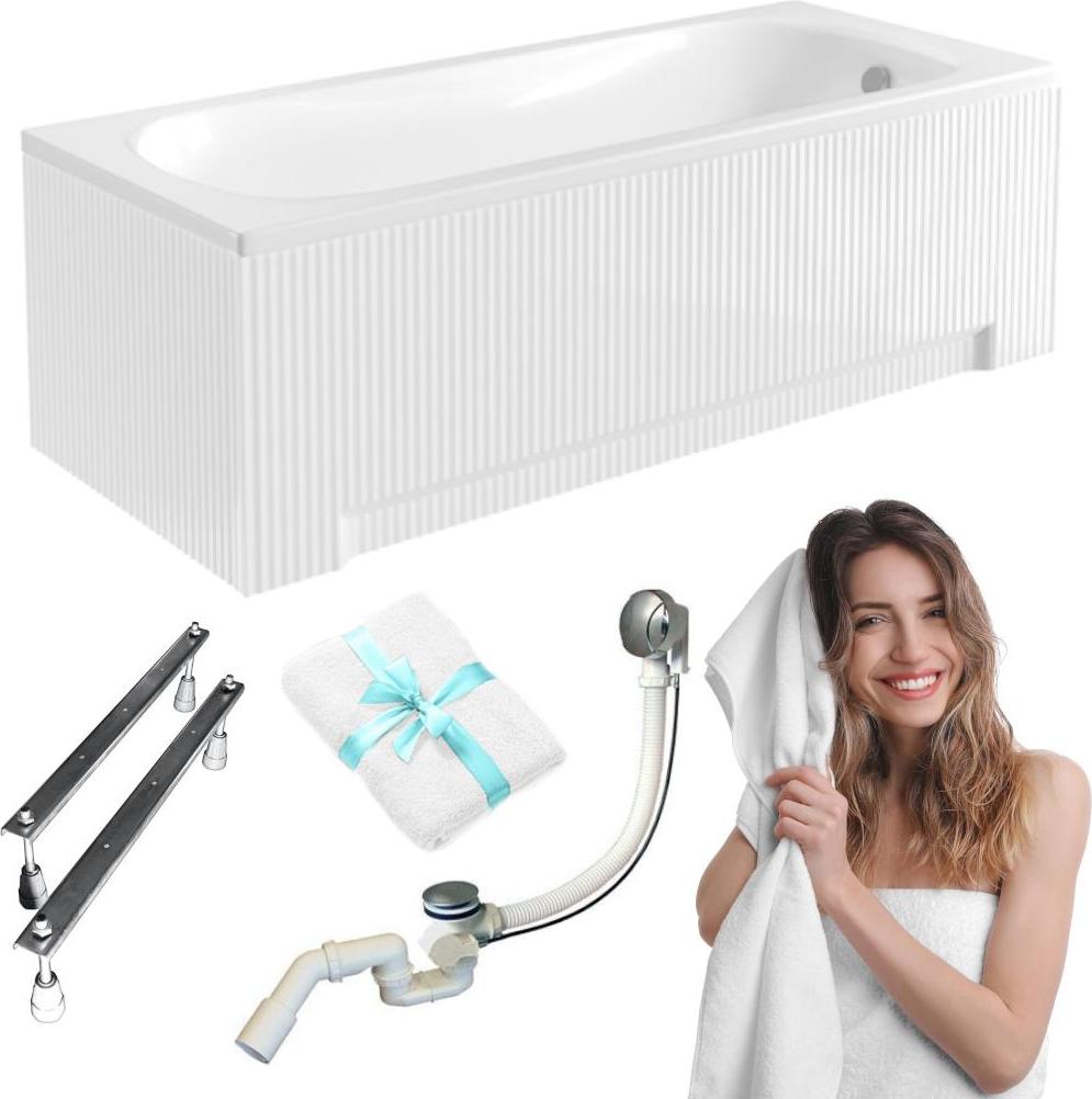 Aqua For You | Badewanne ARIA - 150x70 - Weiß - Antibakteriell Beschichtung - Modernes Design - Komplettset - Acryl - mit geriffelter Verkleidung