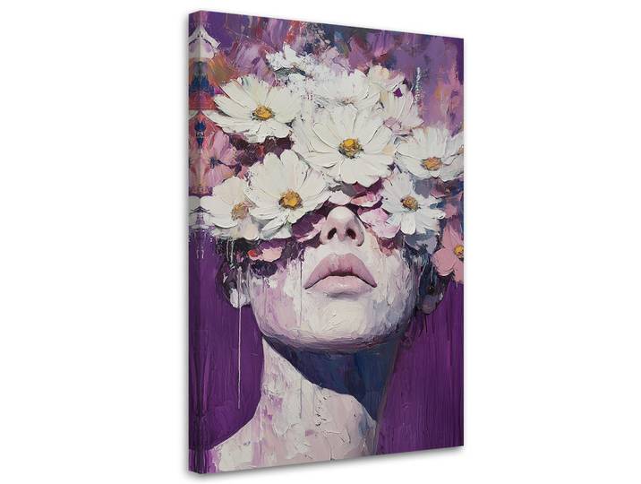 Feeby Wandbild ein mädchen mit blumen auf dem kopf als wären sie gemalt, Lila, Floral, Rechteckig, 70x100 cm, Bilder & Rahmen, Bilder, Leinwandbilder