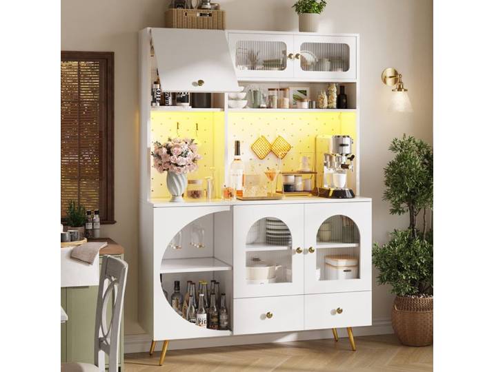 Buffet de cuisine - LED APP - Éclairage LED contrôlé par APP - 2 prises + 2 USB - Panneau perforé & étagères verre