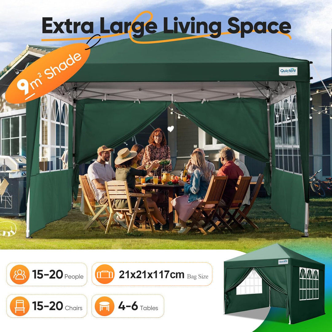 17 Stories 3x3m (10x10ft) Pop Up Canopy Gazebo with Removable Sidewalls, Adjustable Height Event Shelter Green