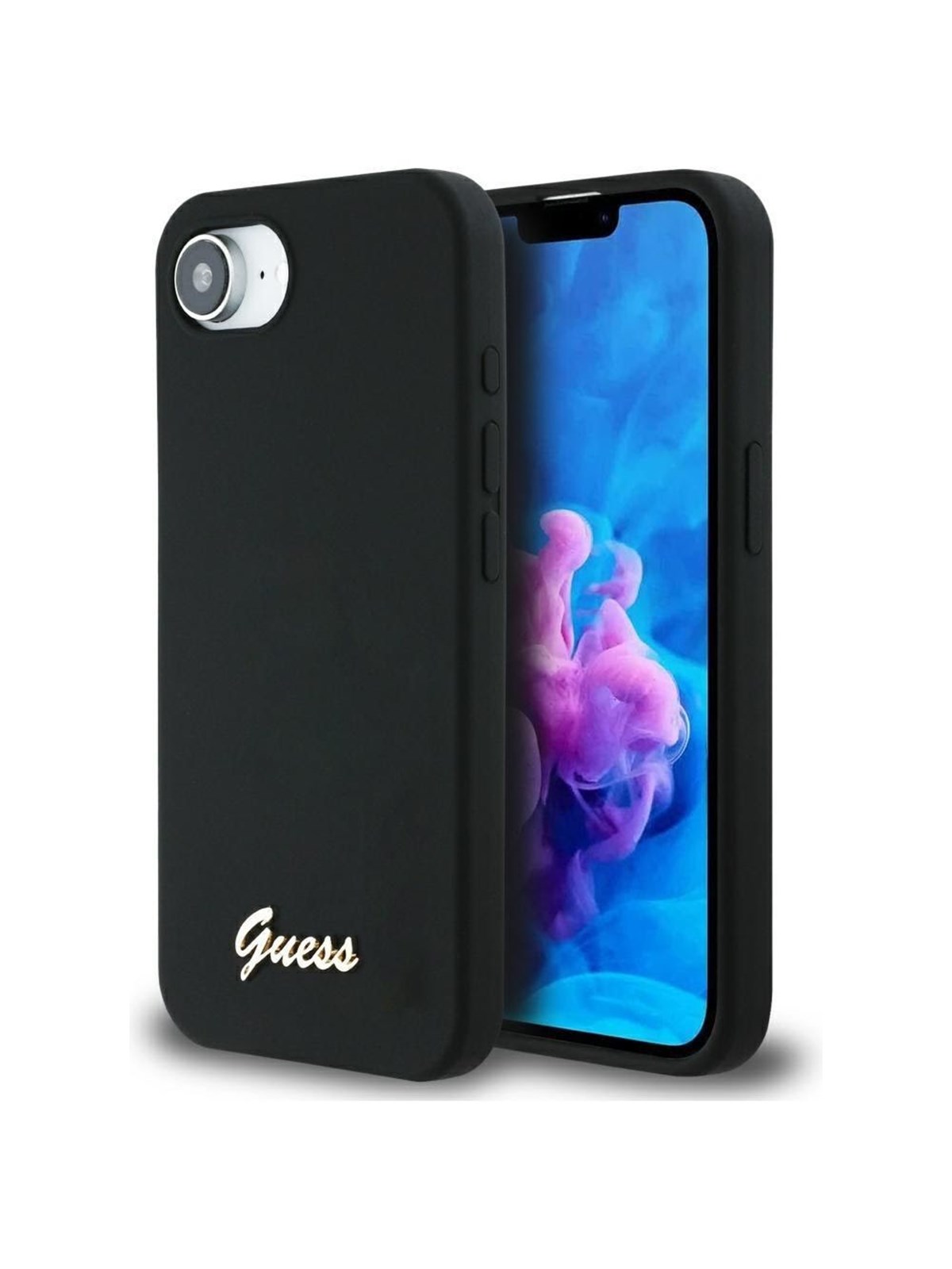 GUESS Silicone Script Metal Logo MagSafe iPhone 16e Case - Black