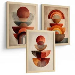 POSTER 3er Kunstdruck-Set Wandbilder Abstrakte Formen Rot Orange modern Wohnzimmer Deko, Schlafzimmer, Küche, Badezimmer Leichter Holzrahmen A3