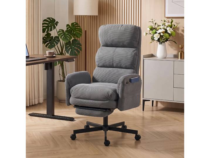 HOMCOM Chaise Bureau Ergonomique Velours Gris Accoudoirs Rabattables
