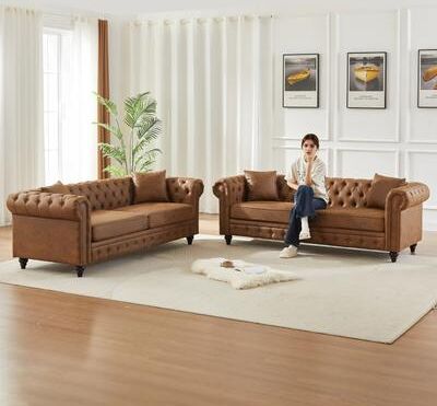PRO_SELLERS 2-Piece Tech Fabric 3-Seater Sofa Set with Golden Metal Legs Brown