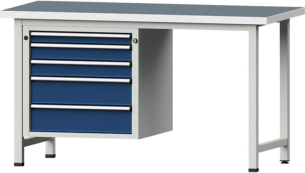 Werkbank, Gestellbauweise Serie V, 5 Schubladen, Universalplatte ANKE