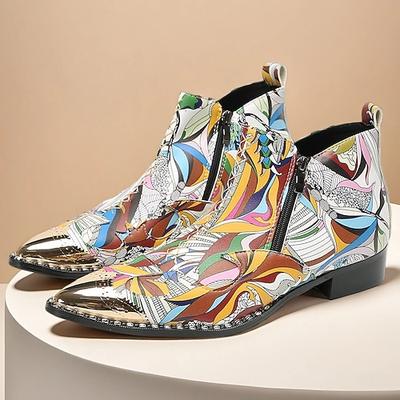Bunte Herren-Ankle-Boots aus echtem Leder mit abstraktem Design – auffällige, mehrfarbige Gestaltung mit metallischen Zehenkappen, ideal für trendige Events, Partys und Ausgehen
