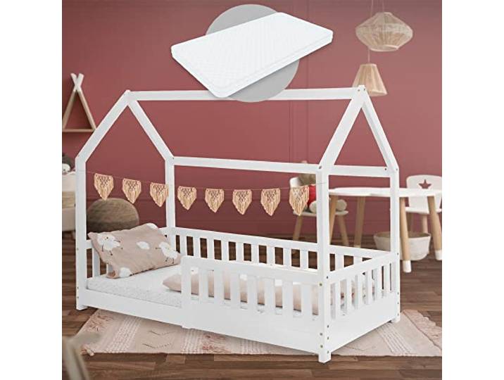 ML-Design Kinderbett 80x160 cm Weiß mit Matratze, Rausfallschutz, Dach und Lattenrost, Spielbett, Hausbett für Mädchen und Jungen, Bettenhaus aus Kiefernholz, Bodenbett Jugendbett Kinderhaus Holzbett