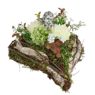 Kunstblume OTTO HOME "Gesteck mit Chrysanthemen, Allium und Engel im Pflanz-Herz", weiß, B:25cm H:13cm L:20cm, Kunstpflanzen, Florales Herzgesteck mit weißen Kunstblumen und Engel
