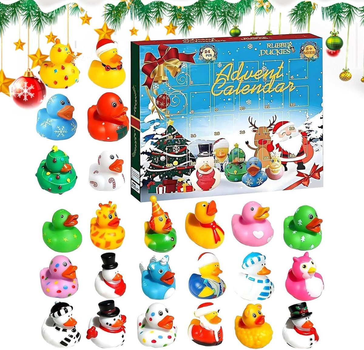 Kerst Eend Adventskalender met 24 mini eendjes - Multicolor - 35 x 27 x 5 cm