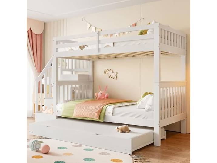 BXEYXE 90 * 200cm Etagenbett, Treppenregal, ausgestattet mit ausziehbares Rollbett, hohe Geländer, EN747-1 Zertifiziert, weiß