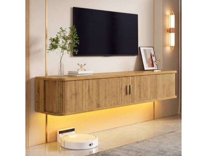 VILUXE TV Lowboard 175 cm Hängend mit LED Schiebetüren Natur Schwebendes TV-Lowboard mit App-LED, 2 Rillen-Schiebetüren, Schublade und verstellbaren Böden, für moderne Wohnzimmer