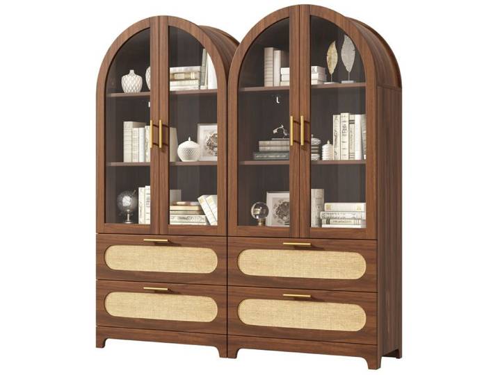 Vitrine style Montmartre à double arche 175x80x40 cm 2 tiroirs étagères réglables noyer rétro