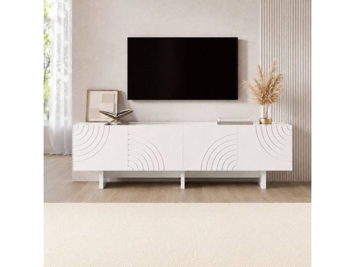 COZHYESS Meuble TV 170x35x50 cm 4 Portes et Motif Géométrique en Arc Meuble TV Bas Espace de Rangement pour Salon Blanc