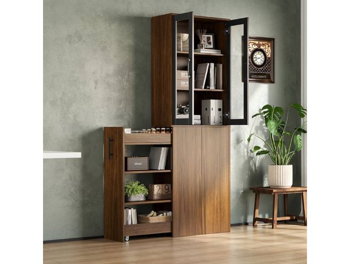 Meuble colonne de cuisine étroit IVMEU 60 x 30 x 180 cm portes vitrées chariot coulissant MDF