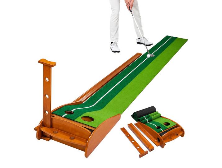 Relaxdays Puttingmatte Natur Grün automatische Ballrückgabe 300 cm, Mehrfarbig, Holz, Kunststoff, 37.5x300 cm, Freizeit & Co, Sport & Fitness