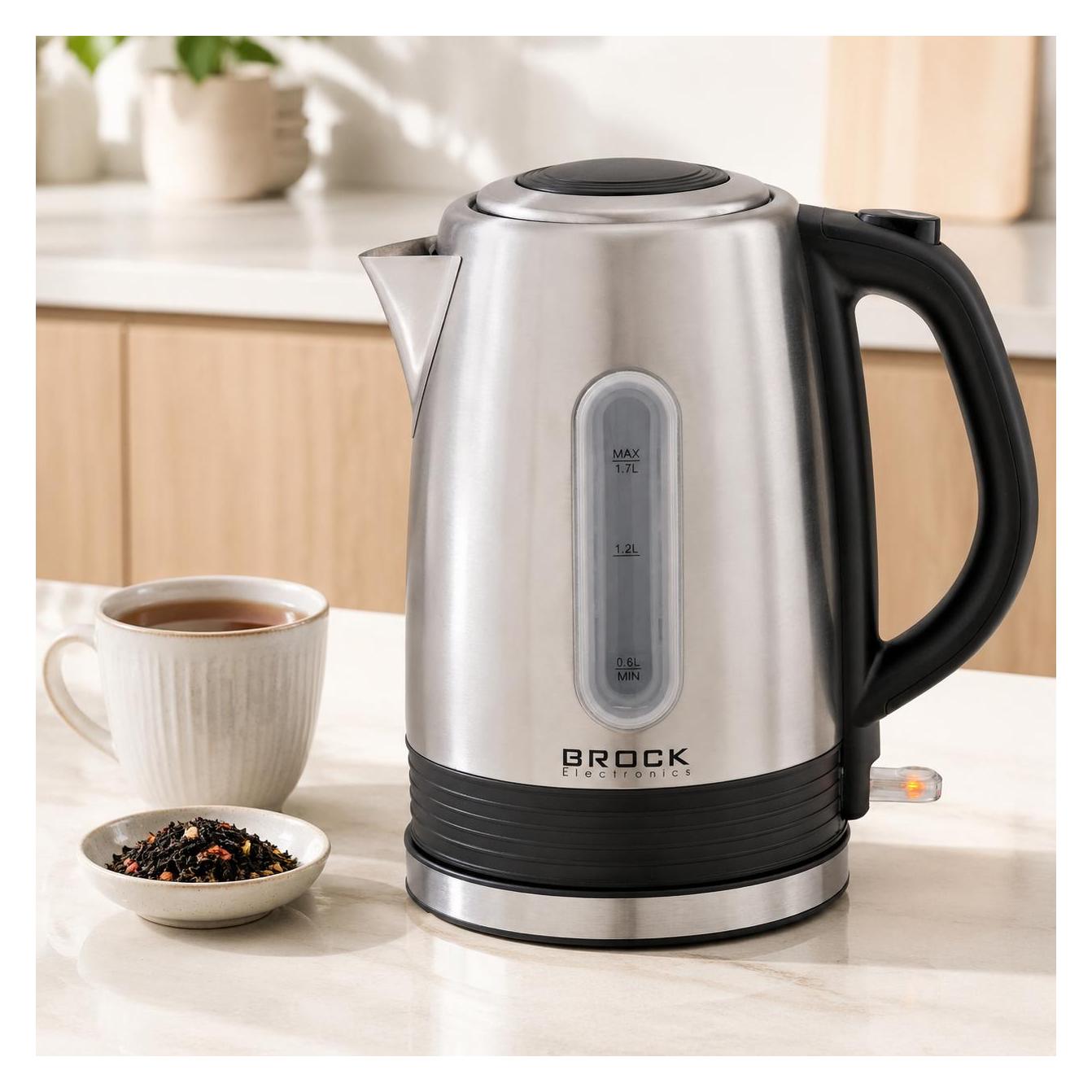 Brock Electronics Brock WK 9903 SS Wasserkocher mit 360-Grad-Sockel, 1,7 l, 2200 W, schwarz/Edelstahl (1.70 l) (PO/90249/123616)
