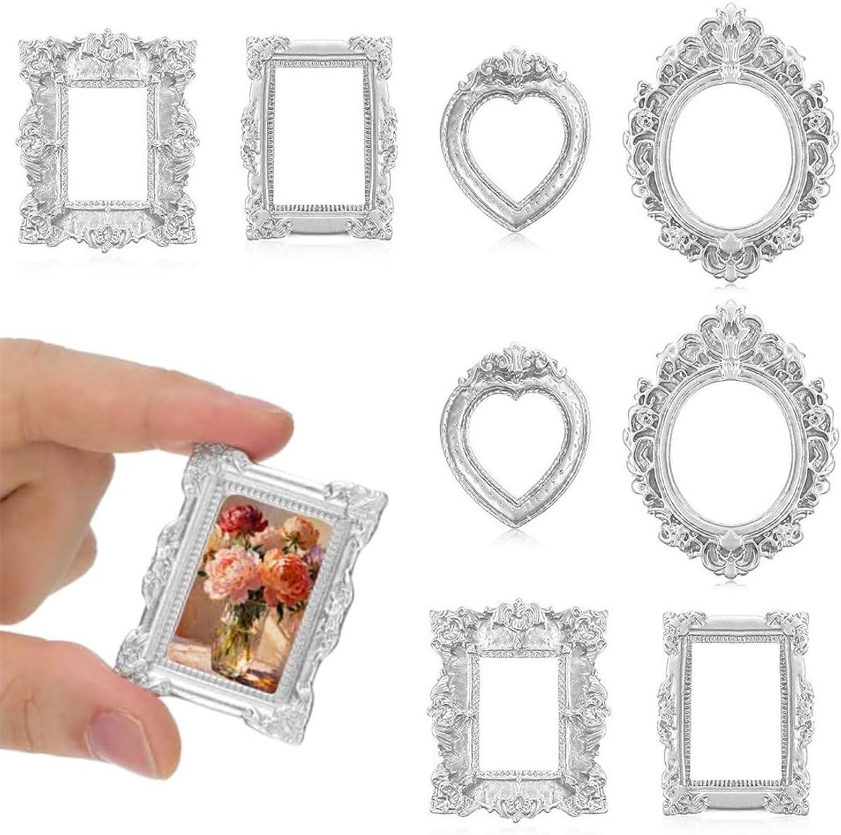 Set van 8 Mini Fotolijstjes in Zilveren Barokstijl van Hars
