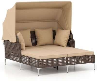 Costway Outdoor Daybed with Retractable Canopy PE Wicker Rattan Patio Lounger-Brown