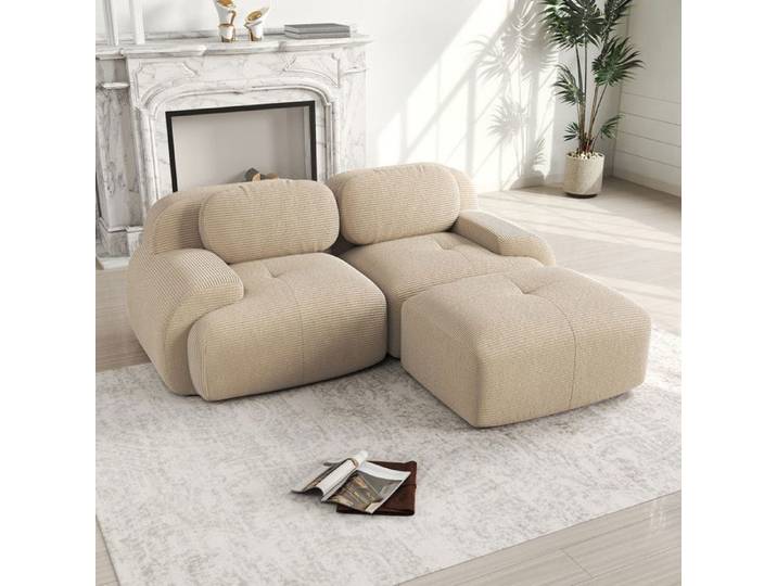 Canapé d'angle 2 places - Modulable - Velours côtelé - Beige - Canapé compresse - Sans montage