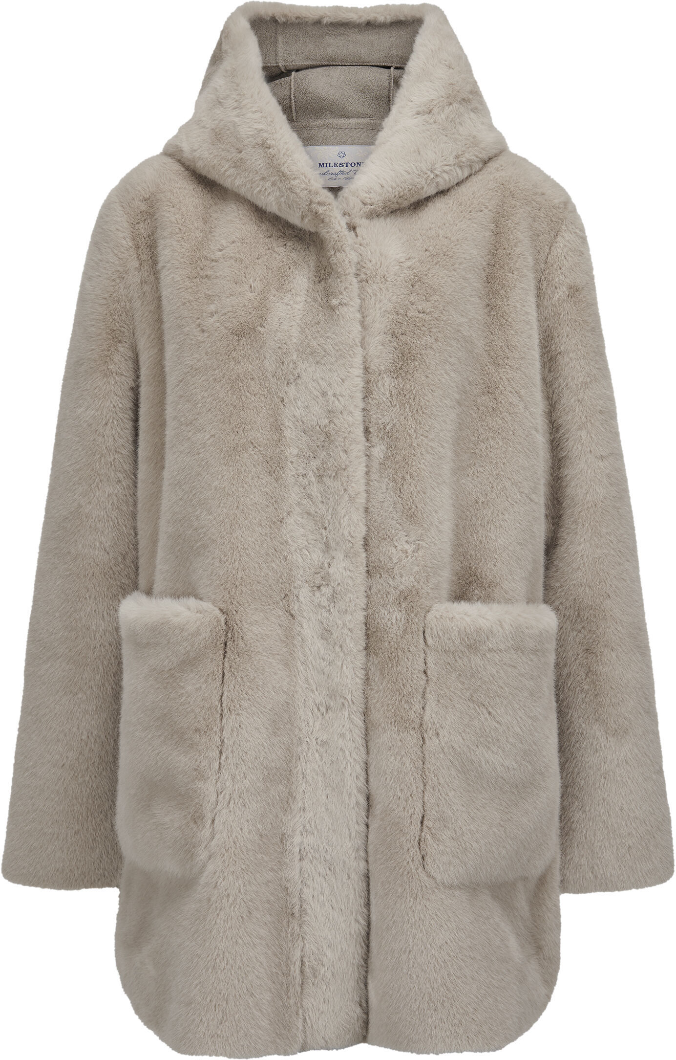 Wintermantel MILESTONE "MSPersiana", Damen, Gr. 40, beige (schlamm), Casual, regular fit, Mäntel Wintermantel, angeschnittene üppige Kapuze, aus Kunstpelz
