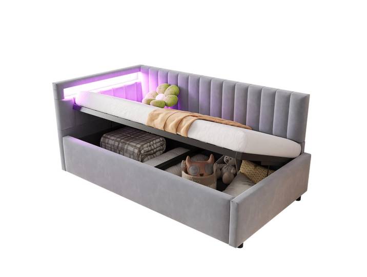Modfu Polsterbett Schlafsofa 90x200 cm Grau aus Samt mit Led, Stauraum und Lattenrost, Hellgrau, 90x200 cm, Schlafzimmer, Betten, Polsterbetten
