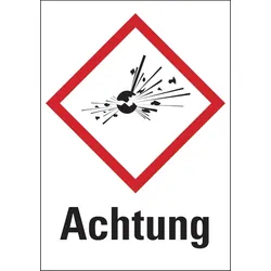 Aufkleber Gefahrstoffetiketten - Explodierende Bombe (GHS01) & Signalwort "Achtung" - 105 x 148 mm Folie selbstklebend
