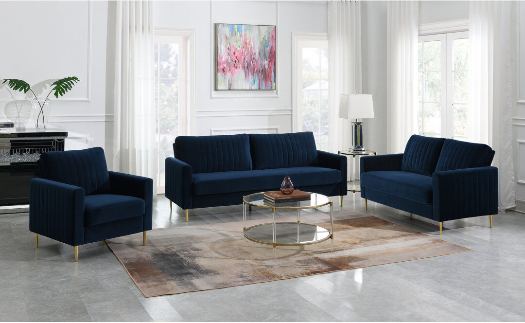 Fairmont Park Marienville 3 Piece Velvet Standard Living Room Set Blue 3