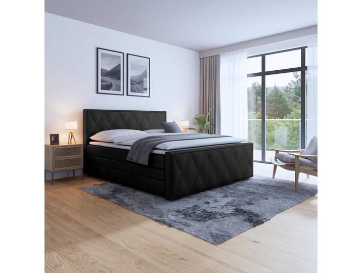Livetastic Boxspringbett, Schwarz, Holzwerkstoff, teilmassiv, Hartholz,teilmassiv, Hartholz, H2 + H4, 180x200 cm, Bettkasten, Matratze, Schlafzimmer, Bett, Doppelbetten