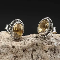 Drachensilber Damen Ohrstecker Edelstein Citrin oval 925er Silber Ohrschmuck (Paar) - Silber;Gelb