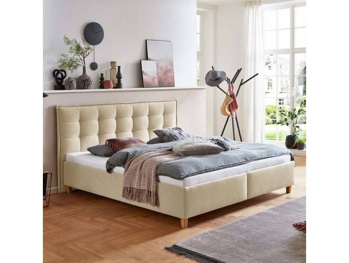 HOMELIV. Polsterbett Lusaka Webstoff mit Bettkasten 160x200cm Sand skandinavisch,